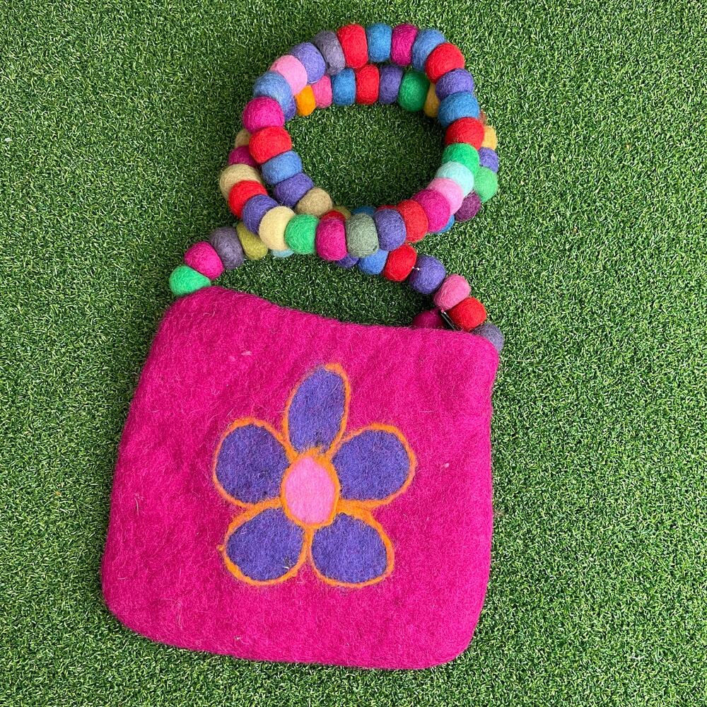 Vintage Y2K 2000s Zen 100% Wool Felted Colorful Flower Pom Pom Micro Bag